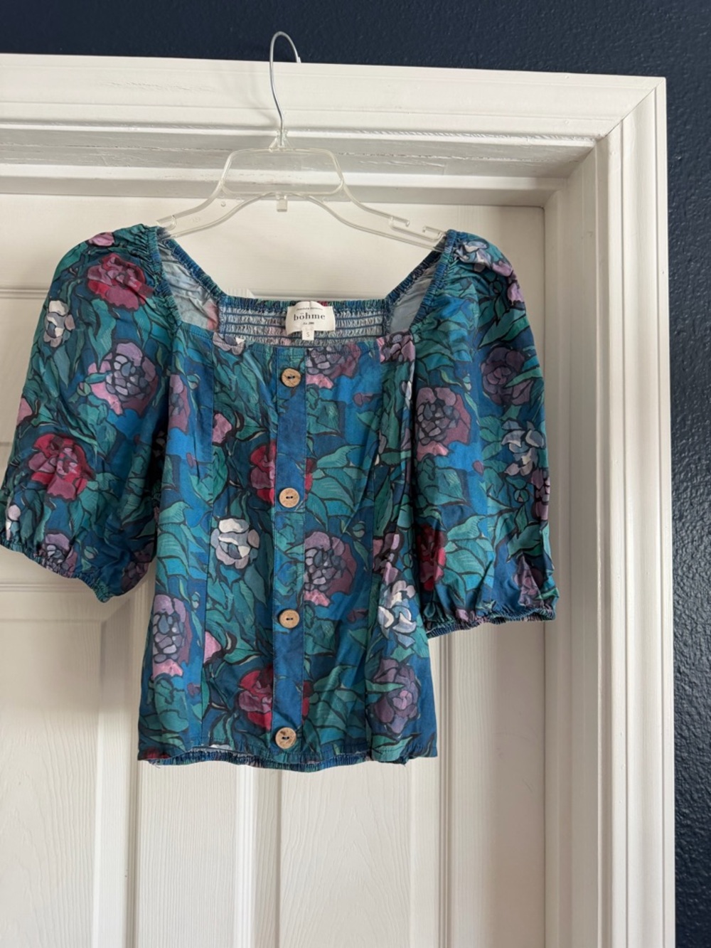 bohme Teal Floral Button-Down Puff Sleeve Crop Top